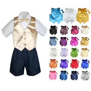 4pc Boy Baby Toddler Wedding Formal NAVY Shorts Outfit + Choose Color Vest Set - Picture 1 of 25