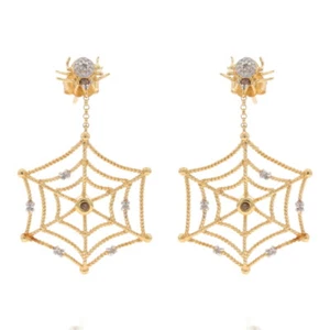 Yellow Gold Diamond Spider with Web Dangle Earrings - 14k Round Arachnid Pierced - Picture 1 of 7