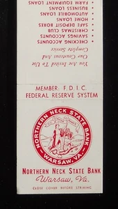 1960s Northern Neck State Bank Warsaw VA Richmond Co Matchbook Virginia - Bild 1 von 2