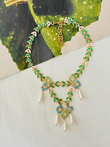 Collana CHRISTIAN DIOR di John Galliano 2001 nastro verde nodo ghirlande perle