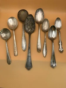 Lot Antique Vintage silver plate flatware 8 pcs soup table tea spoons - Picture 1 of 10