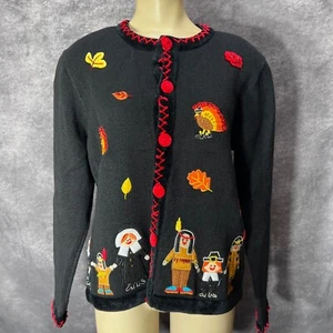 Vtg Jack B Quick Thanksgiving Cardigan Womens L Turkey Pilgrim Native American - Picture 1 of 14
