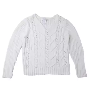 Maglione vintage Worthington donna M Petite bianco maglia cotone scollo a V Cottagecore - Foto 1 di 9