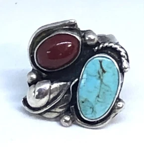 70er Jahre FABELHAFTER Navajo Sterlingsilber Türkis und Koralle Ring Größe 8 - Bild 1 von 7