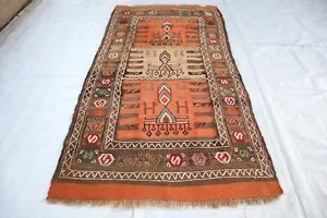 3x6 ft Vintage Sumak Rug, Beige Orange Kilim Rug, 3x6 Antique Turkish Kilim Rug - Picture 1 of 14