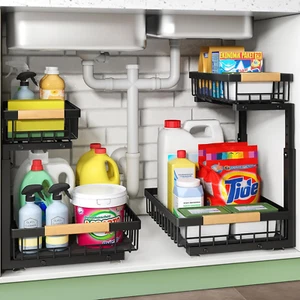 Pull Out Cabinet Organizer, 2 Tier under Sink Organizer, Slide Out Metal Kitchen - Picture 1 of 12