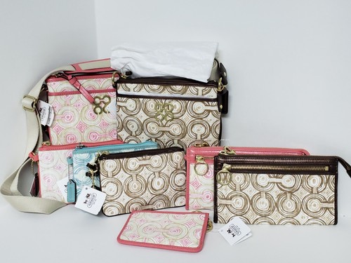 Portafoglio a tracolla Coach Audrey Op Art Swirl blu rosa marrone nuovo con etichette