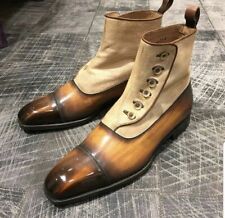 New Handmade Pure Tan Shaded & Beige Leather & Suede Button Boots for Men's