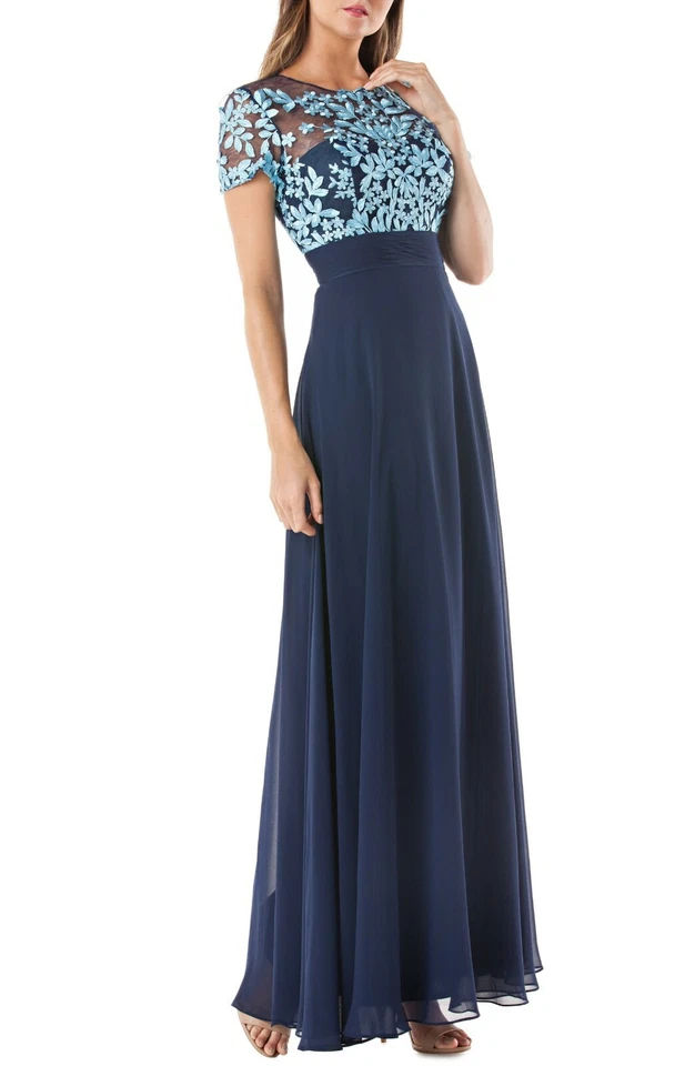 JS COLLECTIONS Navy Turquoise Embroidered Floral Illusion Sheer Chiffon Gown 4 - Image 1 of 4