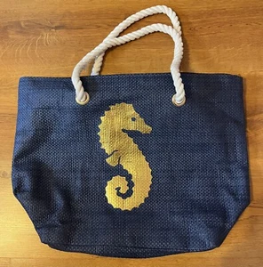 Seahorse Tote Bag Rope String Wicker Weaved Beach Navy Blue - Picture 1 of 9
