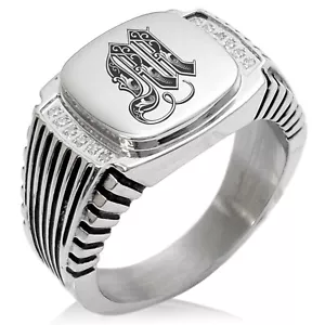 Stainless Steel Mens Royal Monogram Initial CZ Striped Biker Style Signet Ring - Picture 1 of 27