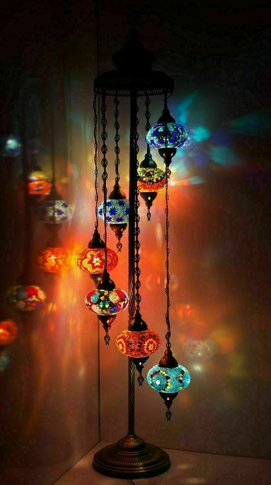 Mosaico de vidrio turco marroquí multicolor Tiffany lámpara de pie luz 7 globos grandes Foto 1 de 1