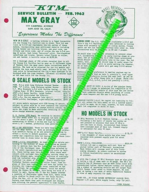 catalogo MAX GRAY Supplement Sheet  Feb 1962 O & HO KTM Models in Stock   E   aa - Immagine 1 di 1