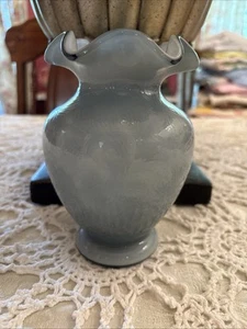 Vintage Fenton Art Glass Federal Blue Overlay Fern Optic Vase Ruffle 1980's - Picture 1 of 10