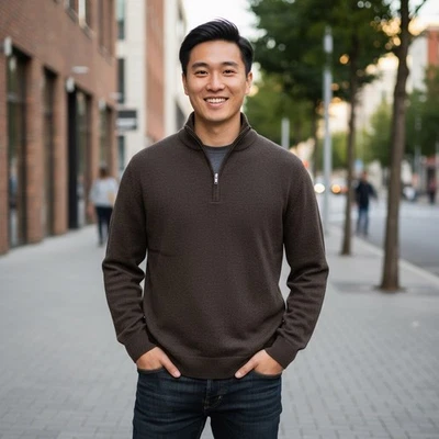 Suéter Mario Gilberti Hecho en Italia 100% Lana Merino Media Cremallera XL Marrón Pullover Foto 1 de 4