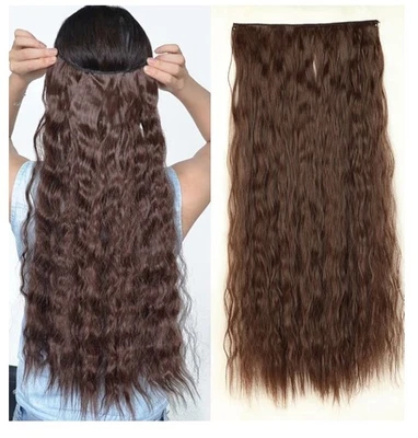 22” One Piece Clip In Hair Extensions Corn Wave Curly Medium Brown 55cm New UK - Image 1 of 4