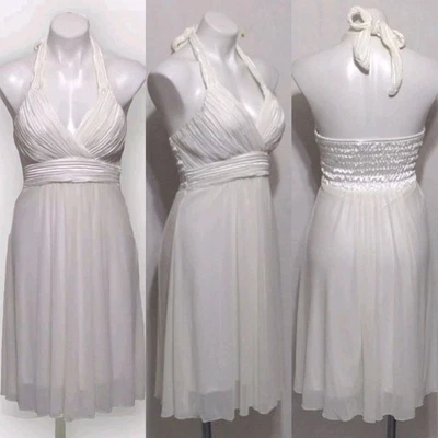 Mini Vestido Moods by Cabrelli Blanco Chifón Halter Plisado Imperio Pequeño Boho Chic Foto 1 de 4