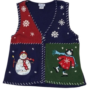 Chaleco Suéter Vintage Blair Navidad Mujer S Azul Gato Invierno Retazos Abuela - Imagen 1 de 13
