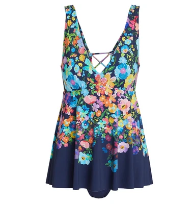 $268 TRAJE DE BAÑO JOHNNY WAS TALLA GRANDE 2X FLOR SALVAJE FALDA UNA PIEZA LAZO TRASERO NUEVO CON ETIQUETAS Foto 1 de 4