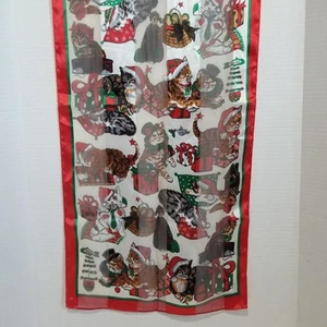 Christmas Cats Scarf Satin Semi-sheer Lightweight Rectangle Vintage 58"x 12" - Picture 1 of 11
