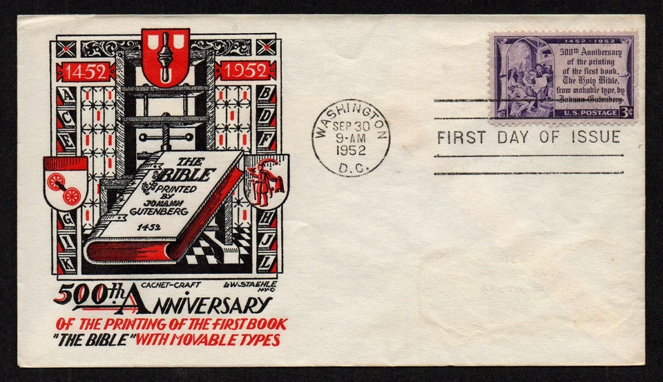 USA SCOTT # 1014, CACHET CRAFT FDC COVER - GUTENBERG BIBLE PUBLISHING, YEAR 1952 - Image 1 of 1