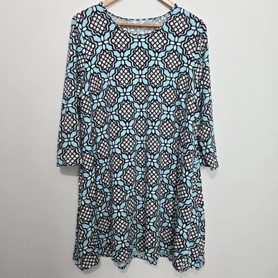 Crown & Ivy 秋千连衣裙 L 码几何图案 3/4 袖圆领旅行度假 — 第 1/4 张图片