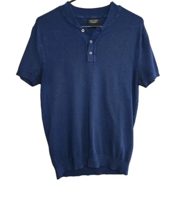 Zara Man Deep Blue Soft Knit Top Shortsleeve Henley Size Medium Buttons Ribbed - Image 1 of 4