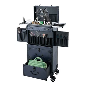 Estuche de Maquillaje Negro Rodante Aluminio Salón Cosméticos Equipaje 4 Ruedas Organizador - Imagen 1 de 18