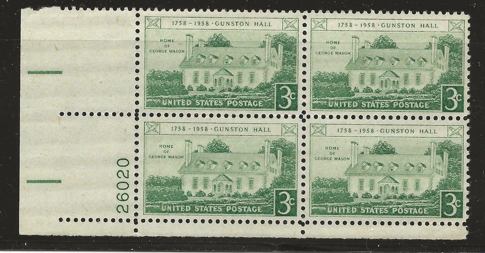 US Scott #1108, Plate Block #26020 1958 Gunston Hall 3c FVF MNH Lower Left - Image 1 of 1