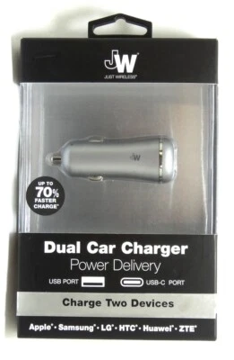 Just Wireless Vehicle Charger Dual USB Port (5.4 amps, USB-A +USB-C) Slate Gray - Image 1 of 2