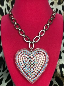 Luly Lu "Powder" Vintage HUGE Lucite Heart Iridescent White Swarovski Necklace - Picture 1 of 8