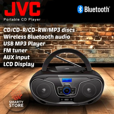 JVC Portable Bluetooth CD Player Boombox/USB/MP3/FM Radio/LCD Display 8W SPKR