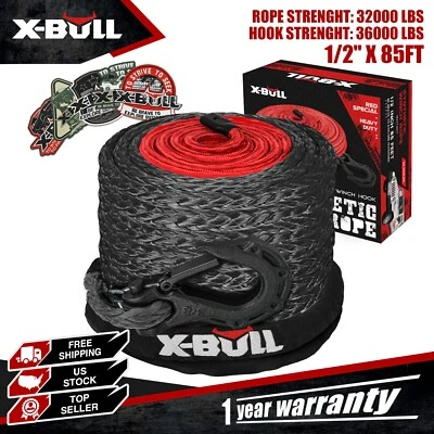 X-BULL Synthetic Winch Rope  1/2" X 85ft 32000LBS Cable Line Rope Off Road Black Foto 1 de 4