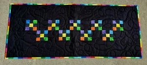 New~Rainbow & Black 9-Patch Table-Runner Quilt 14" x 34" Colorful Fun Bright - Picture 1 of 4