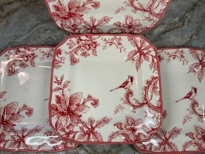 Square Dinner Plates CHRISTMAS LANE 222 Fifth Red Set Of 4 Porcelain 11 Inch New - Image 1 of 4