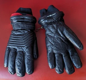 Vintage GRANDOE Women's BLACK Leather Ski Gloves Sz Large RED Zipper Lined - Picture 1 of 11
