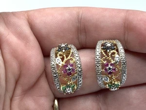 Designer DL Gold Over Sterling Silver Sapphire , Ruby & Green Emerald Earrings - Picture 1 of 7