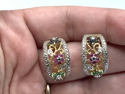 Designer DL Gold Over Sterling Silver Sapphire , Ruby & Green Emerald Earrings - Image 1 of 4