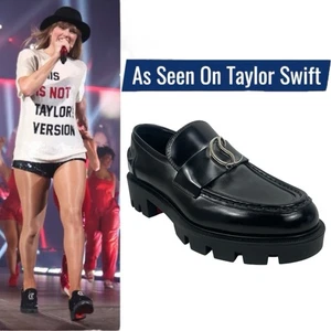 Christian Louboutin CL Logo Moc Lug Sole Leather Loafers Black Women Size 36.5 - Picture 1 of 14