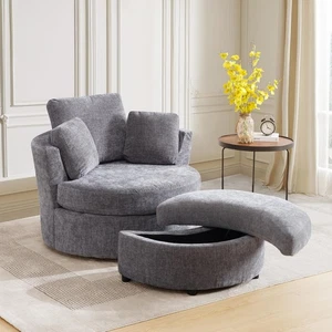 360° Swivel Barrel Chair Modern Circle Round LoveSeat Sofa Set with Ottoman - Picture 1 of 13