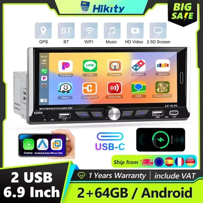 Hikity 2 + 64G Android 1Din autoradio Carplay Android Auto FM - Immagine 1 di 2