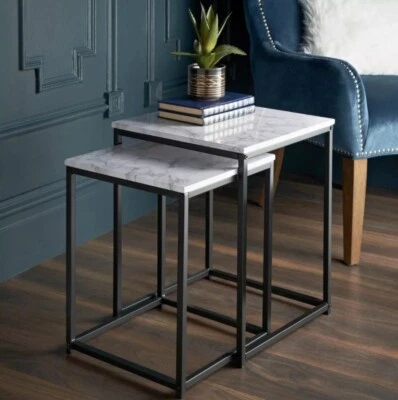 Set Of 2 Coffee Table Marble Effect Top Nest Of Tables With Black Metal Frame - Image 1 of 2