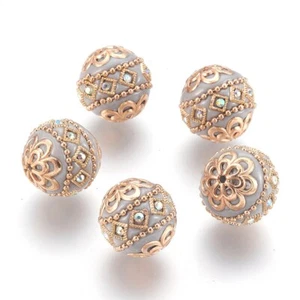 5Pc Round Grey Handmade Indonesia Beads with Light Gold Metal Findings 19.5x19mm - Picture 1 of 2