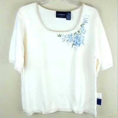 Liz Claiborne Sport Sweater LP Vintage Cream Short Sleeve Blue Floral Accent New - Image 1 of 4