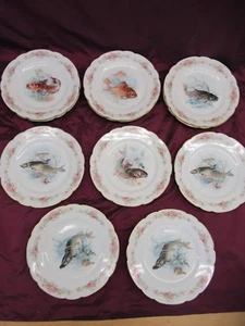 11 antichi piatti pesce dipinti a mano C Ahrenfeldt Limoges France 9 3/8" - Foto 1 di 21