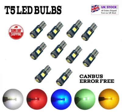 T5 286 CANBUS LED BULBS DASH CLUSTER VISOR INTERIOR WHITE RED GREEN BLUE AMBER - Image 1 of 4