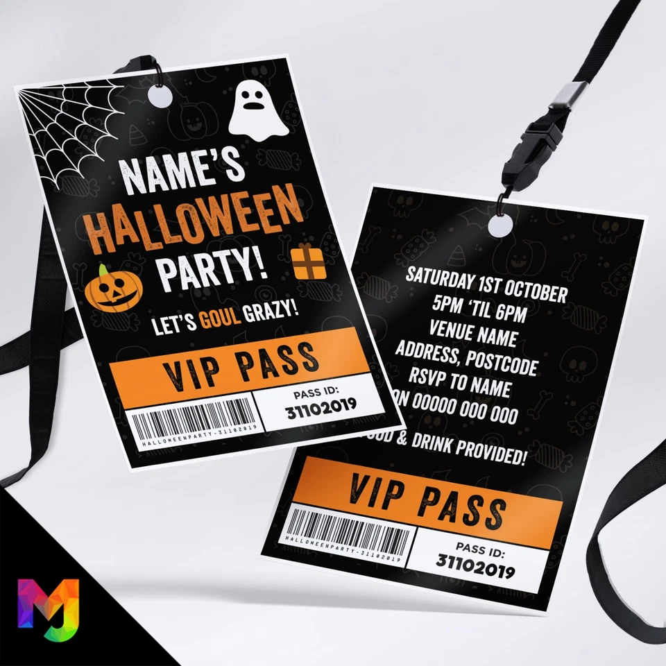 Personalised Cute Kids Halloween Style Vip Passes Lanyard Party Invitations - Image 1 of 3