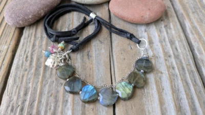 Labradorite Faceted Heart and Sterling Silver Adjustable Leather Bracelet - Image 1 of 4