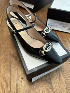 GUCCI SHOES ZUMI LOGO PLAQUE HORSEBIT BLACK LEATHER SLINGBACKS 35.5/5.5US $980 - Picture 1 of 7