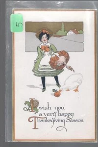 Antique Arts & Crafts Pink of Perfection girl & turkey Thanksgiving Postcard #5 - Picture 1 of 2